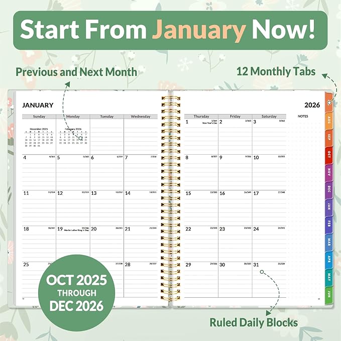 SUNEE 2026 Weekly and Monthly Planner - from January 2026 - December 2026, 8.5"x11" Daily Agenda Planner with Monthly Tab, Flexible Cover, Note Pages, Pockets, Bookmark, Green Wildflowers