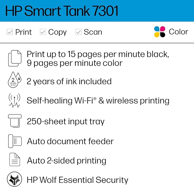 HP Smart Tank 7301 Wireless All-in-One Refillable Ink Tank Printer, Scanner, Copier with 2 years of ink included, Best for home office(28B70A)