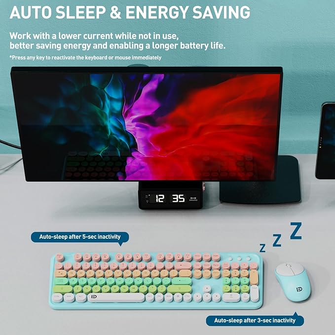 Wireless Keyboard and Mouse Combo, 2.4 GHz Wireless Full-Sized Typewriter Mouse and Keyboard with Round Keycaps for Windows, Computer, Desktop, PC, Laptop (PinkBlue)