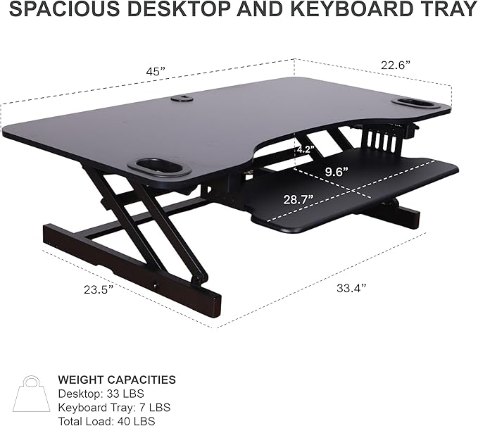 Rocelco 45" Height Adjustable Standing Desk Converter with Triple Monitor Mount and Slide Out Retractable Keyboard Tray - Sit Stand Up Three Screen Tabletop Riser Workstation - Black (R ADRB-45-DM3)