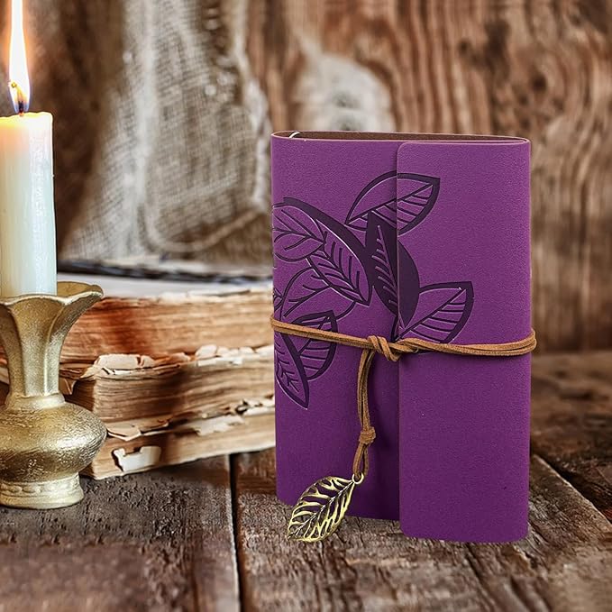 HARDCOVER JOURNAL Writing Notebook - Antique Handmade HARDCOVER Bound Daily Notepad, Vintage Leaf Series, (Leaves, Purple)