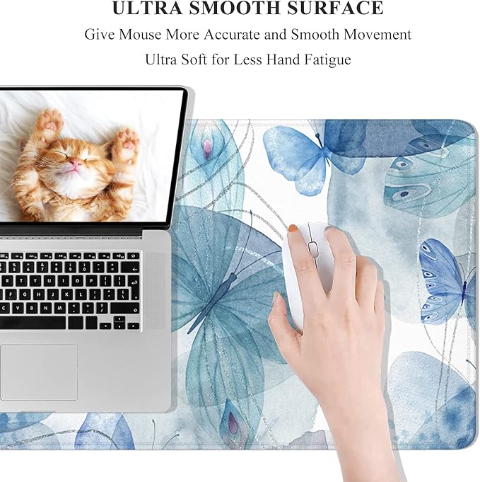 Desk Mat, 32" x 12" XXL Extended Large Gaming Mouse Pad, Desktop Decor Desk Pad, Cute Men Women Office Supplies and Accessories, XL Mouse Mat for Laptop & Keyboard, Blue Butterfly