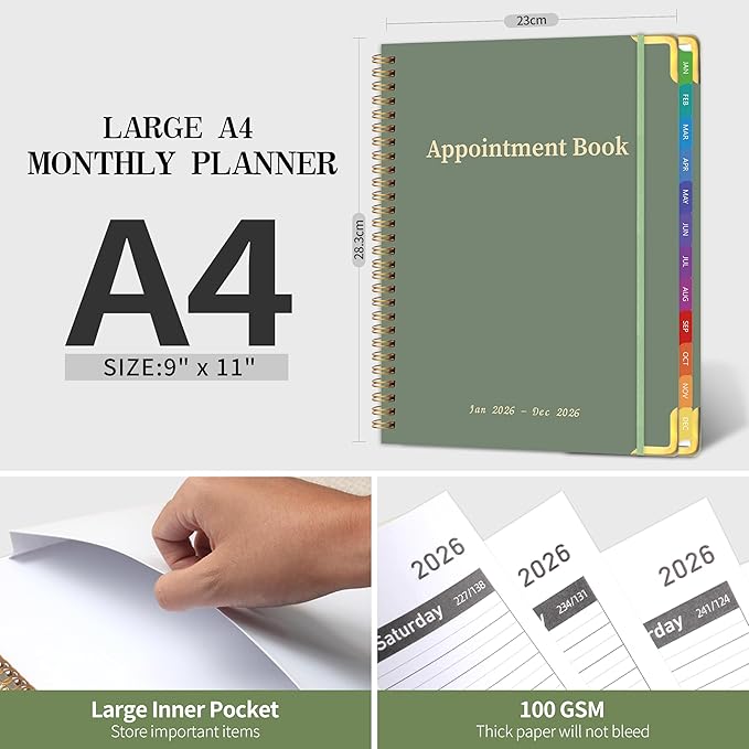 2026 Appointment Book/Planner - 2026 Daily Hourly Planner from Jan. 2026 - Dec. 2026, Weekly appointment Book 2026, 2026 Hourly planner with 20-Minute Interval, 9" x 11", Twin-Wire Binding, Colorful Tabs, Pocket - Green