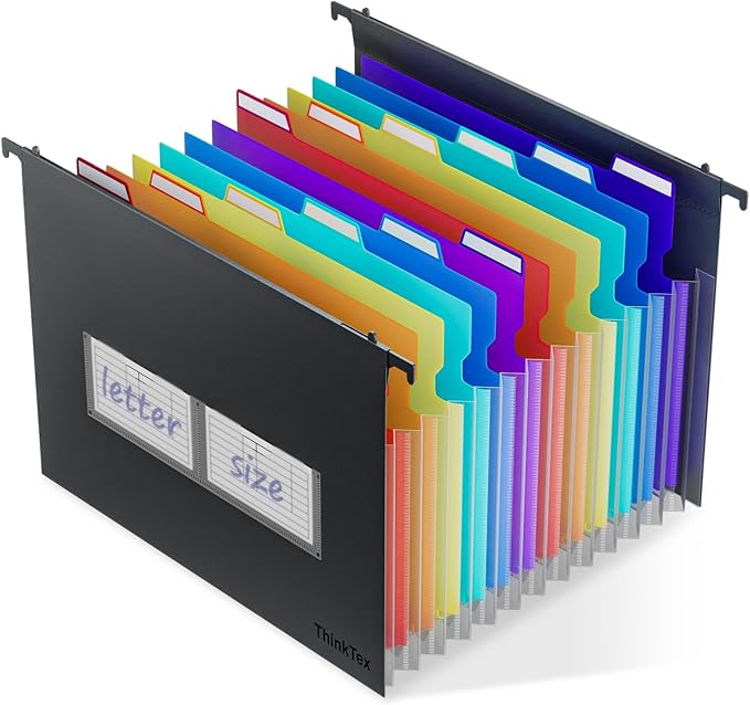 ThinkTex Plastic Expanding Hanging File Folders,12 Accordion Pockets,Large Capacity for Letter Size, Organizer for Filing Cabinet,Ideal for Tax,Contracts,Invoices,for Office,School & Home,Black