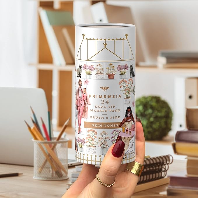 Primrosia 24 Skin Tones Dual Tip Marker Pens, Hair and Portrait Watercolor Sketch Set – Fine and Brush Ends, Art Supplies for Coloring, Sketching and Drawing