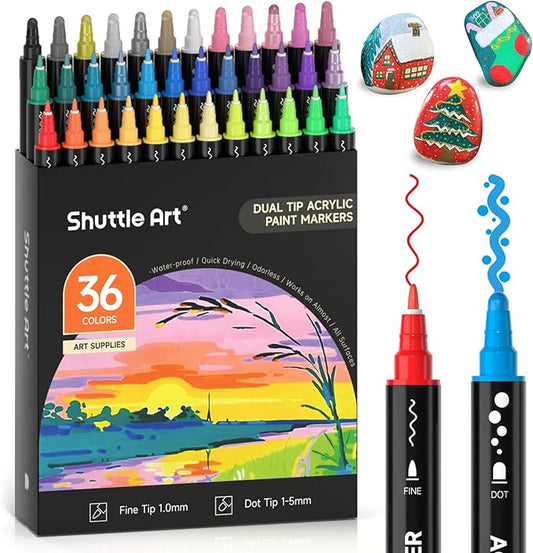 Shuttle Art 36 Colors Dual Tip Acrylic Paint Markers, Dot Tip and Fine Tip Acrylic Paint Pens for Rock Painting, Ceramic, Wood, Canvas, Plastic, Glass, Stone, Calligraphy, Card Making, DIY Crafts