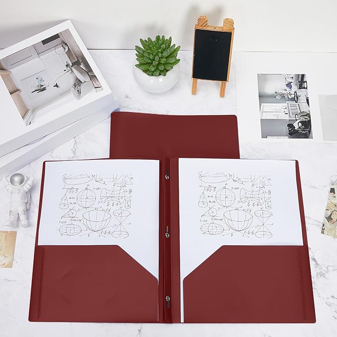 Yeaqee 30 Plastic Folders with Pockets and Prong Plastic Folders with 2 Pockets Pocket for Office, School for Students, Teachers, Office Workers (Dark Red)