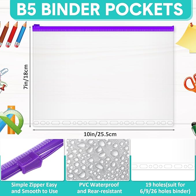40 Pieces Multi-Ring Binder Zipper Pouch, 19 Hole Binder Pockets with Zipper Bulk Binder Folders Plastic Binder Pouch Loose Leaf Bags Waterproof PVC Document Filing Bag(Colorful, B5)