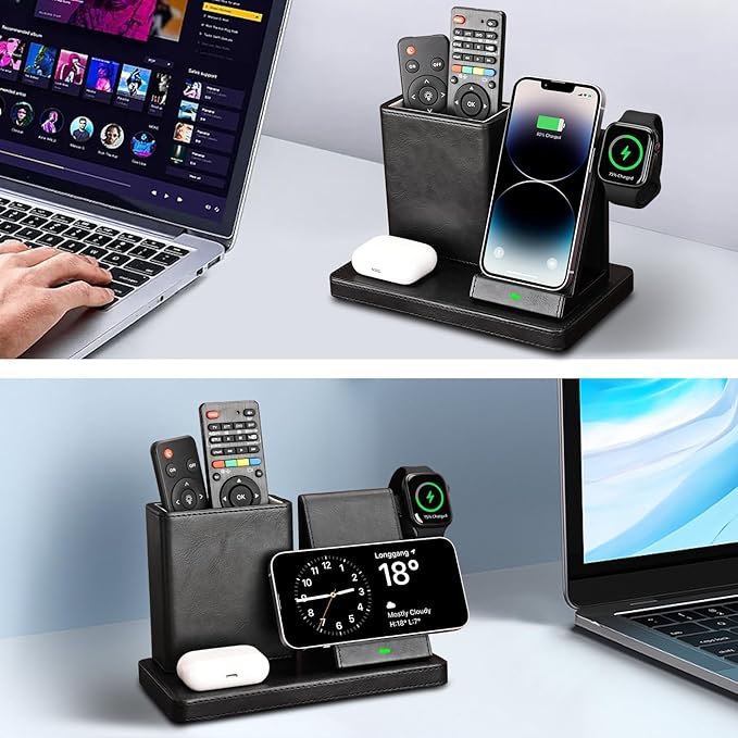 KINGFOM Leather Desk Organizer with Charging Station Multi-Functional Phone Pen Pencil Holder for Desk Desk Organizers and Accessories for Office Home Supplies (S)