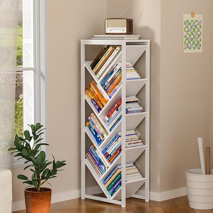9 Tier Tree Bookshelf - White Book Shelf Floor Standing Modern Bookcase for Hardcover Books, Small Bookshelf for Small Spaces Bookshelves Wooden Book Storage Organizer Shelves for Bedroom Living Room