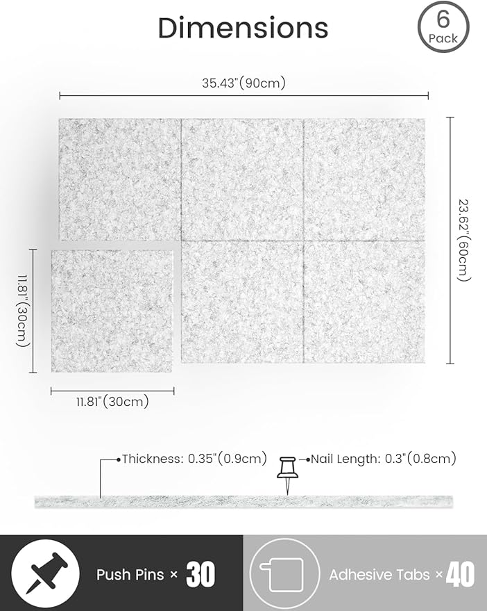 Bumusty Large Cork Board 36"x24" Alternative - 6 Pack Felt Wall Tiles with 40 Safe Removable Adhesive Tabs, 30 Pushpins, Cork Boards for Walls Pin Board Bulletin Board Office Decor (Marble Gray)