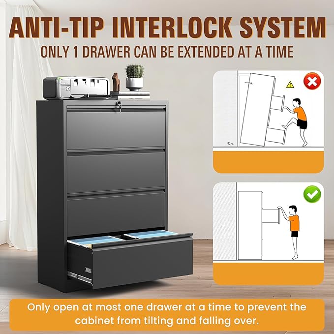 4-Drawer Lateral File Cabinet with Lock, Black Metal Filing Cabinet for Office or Home – Secure Storage for Letter/Legal/A4/F4 Documents, Easy to Assemble Locking File Organizer (Black, 4 Drawer-52"H)