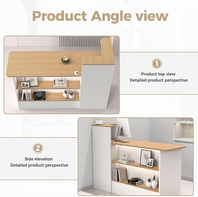 Modern Reception Desk with LED Lights - 59" Front Desk Reception Counter with Dual Display Shelves & Hidden Cable Management, Lockable Drawer & Storage Cabinet for Office, Salon, Spa, Retail, Right