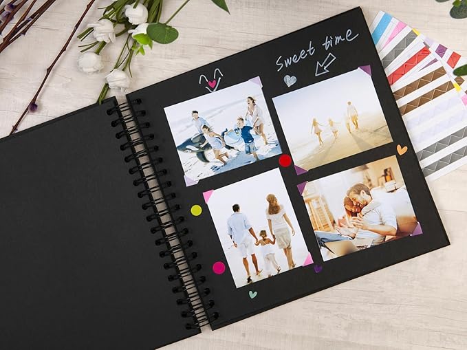 potricher 10 x 10 Inch DIY Scrapbook Photo Album 80 Pages Thick Kraft Blank Black Paper Memory Book for Wedding and Anniversary Family (Black, 10 Inch)