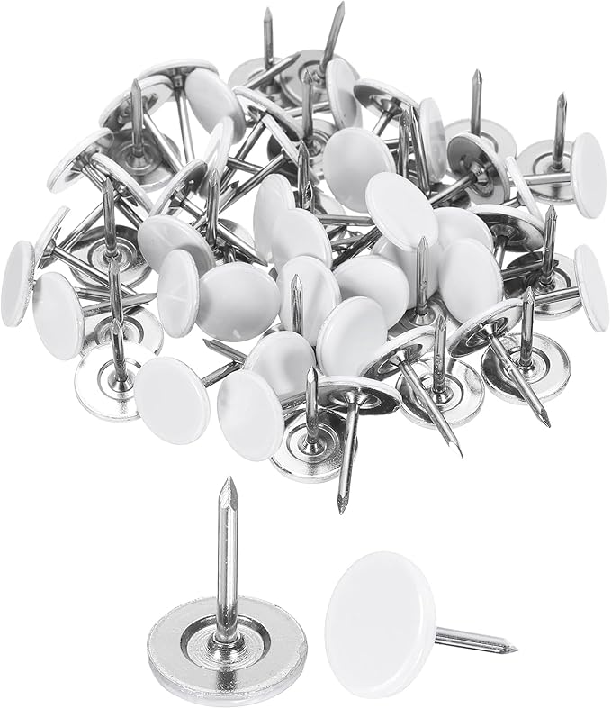 uxcell 120Pcs Push Pins, 11mmx10mm Round Flat Head Decorative Thumb Tacks Upholstery Tacks for Cork Board Office Wall Hangings, White