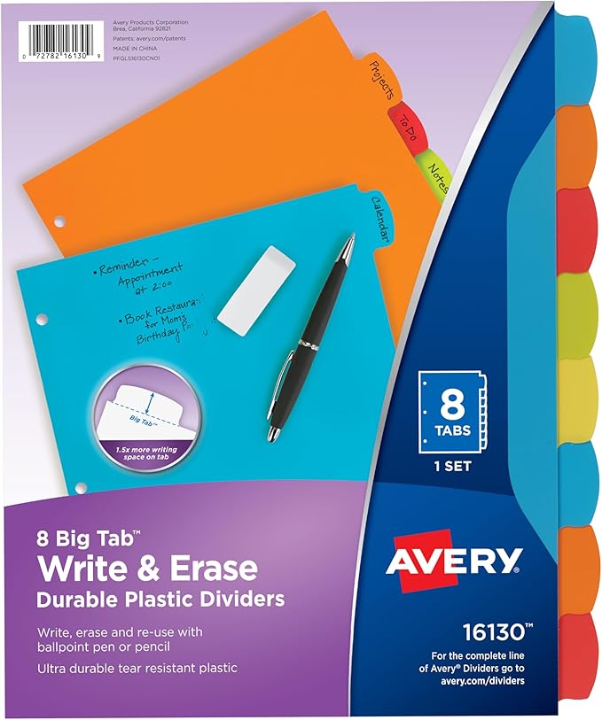 Avery Big Tab Write & Erase Durable Plastic Dividers for 3 Ring Binders, 8-Tab Set, Bright Multicolor, 1 Set (16130)