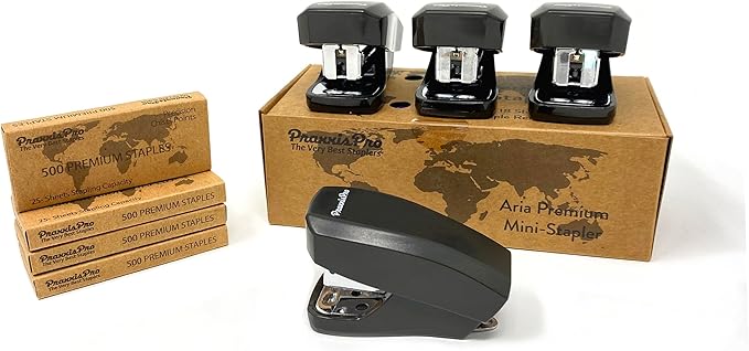 Aria Premium Mini Stapler Set by PraxxisPro - with Built-in Staple Removers, 2000 Standard Staples Included - for Office, School, and Travel (All Black)