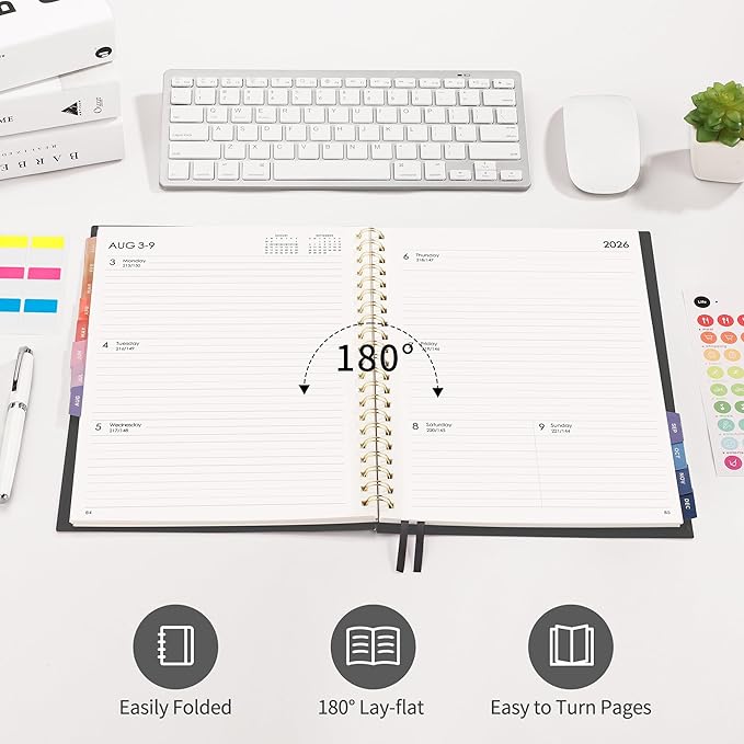 RETTACY 2026 Planner, Weekly and Monthly, Large Size (8.5" x 11"), Jan - Dec 2026, Agenda, Calendar, 12 Month Tabs, Flexible Plastic Cover, 100 GSM Thick Paper, Spiral-bound (Black)
