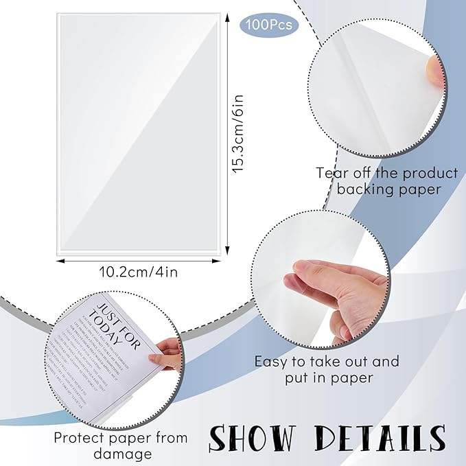 Gueevin 100 Pcs 4 x 6 Inch Self Adhesive Display Pockets Peel and Stick Clear Paper Sleeves Wall and Door Communication Clear Adhesive Sheet Protector Letter Size Plastic Sheet Protectors
