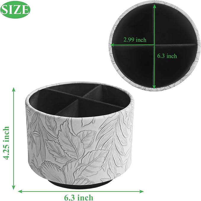 Hennaja Round Leather Art Supply Organizer,Remote Control Holder,360 Degree Spinning,Multi-Functional Pencil Holder,4 Compartments Desktop Stationary Organizer(1-Carved Grey)