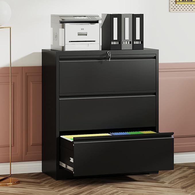 KEIKI 3 Drawer Lateral File Cabinet with Lock, 40.4" Heavy-Duty Metal Filing Cabinet, Wide Storage for Letter/Legal/A4/F4, Silent Full-Extension Slides, Anti-Tilt Safety for Home Office, Black