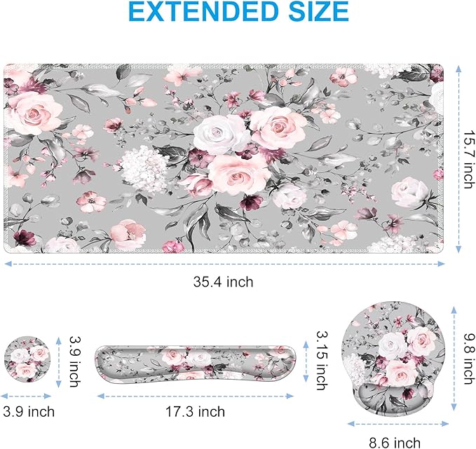 iCasso Large Mouse Pad Wrist Support Set, 4in1 XXL Big Mousepad + Keyboard Wrist Rest + Mouse Wrist Rest + Coaster Set with Ergonomic Design Gaming Mat for Home Office Table Computer - Pink Floral