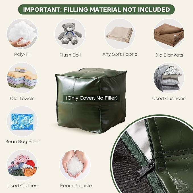 Unstuffed Pouf Cover, 17.7" Faux Leather Poofy Ottoman Cover, Square Footstool For Storage Living Room Decoration Foot Rest, Footrest for Bedroom Balcony Office Chair, (Only Cover, No Filler), Green