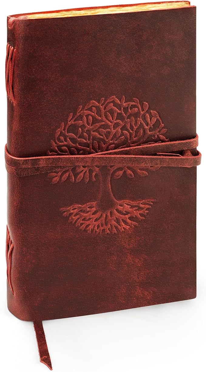 LUXEORIA Tree Of Life Leather Journal for Women and Men, Handcrafted Leather Journal for Writing Womens, Sketchbook, Travel Diary with Unlined Deckle Paper, Wine Red 8x13