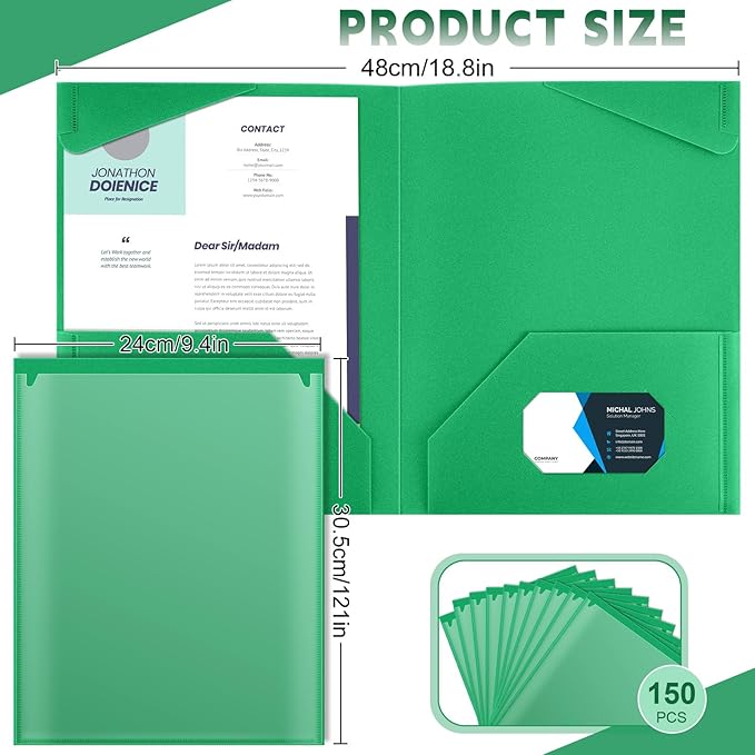 Henoyso 150 Pcs Plastic Folders with Clear Front Pockets Bulk Heavy Duty File Folders with 2 Pockets and Card Slot for Student Teacher Back to School Supplies Office Presentation (Green)