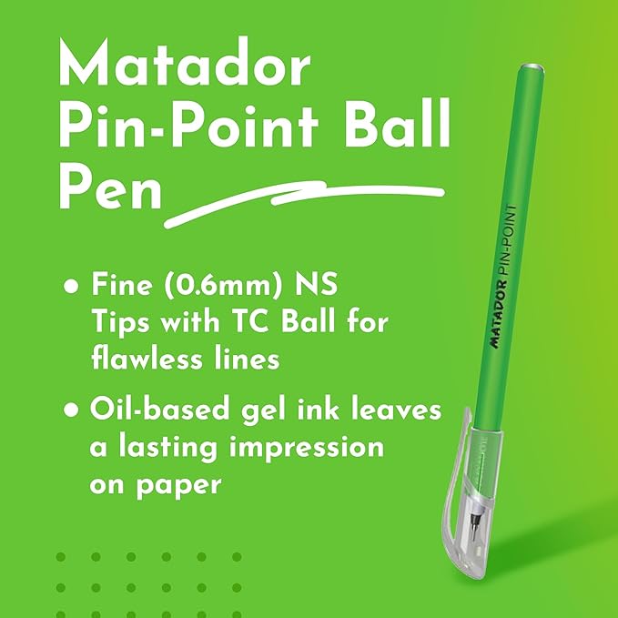 Matador Pin-Point Ball Pen | Oil Based Gel Ink | Soft Rubber Coated Body | 5 Attractive Body Colour | Retractable Fine (0.6mm) NS Tips with TC Ball | Pack of 12 (Blue)