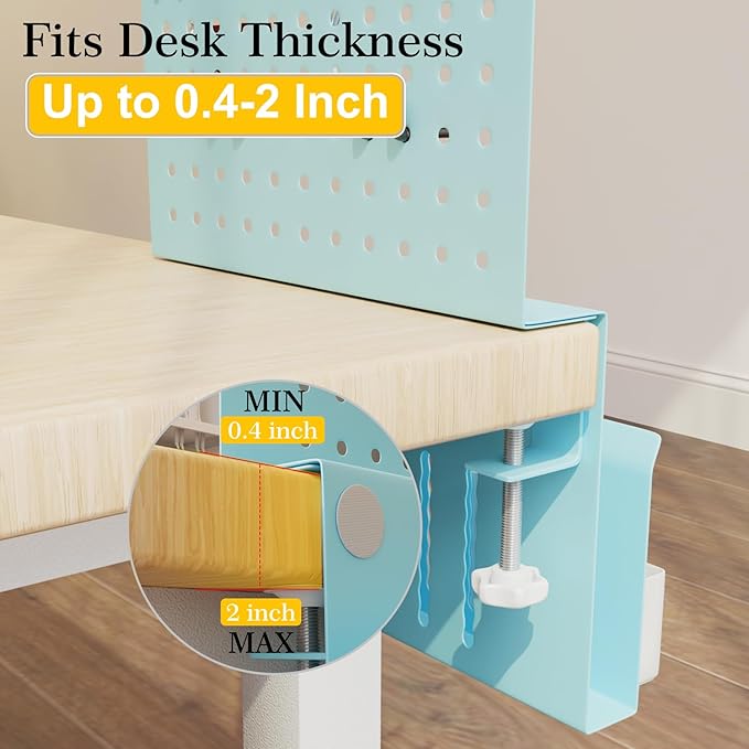 Desk Side Storage with Clamp-On Desk Pegboard, Steel Privacy Panel, No-Drill Desk Organizer with Pen Holder, Table-Side Laptop Holder for Office and Home (Blue)