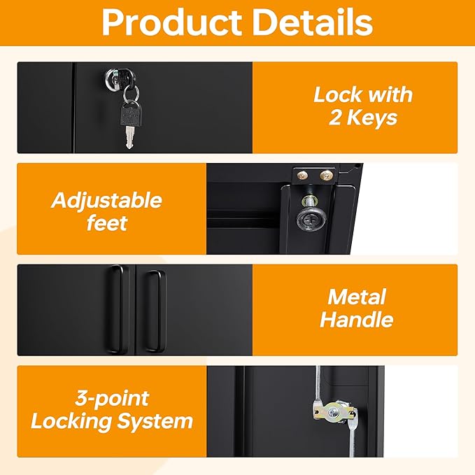 STANI Metal Garage Storage Cabinet with Lock, 71" Steel Lockable File Cabinet, Locking Steel Storage Cabinet with 5 Adjustable Shelves for Home, Office, Warehouse, Garage, School (Black)