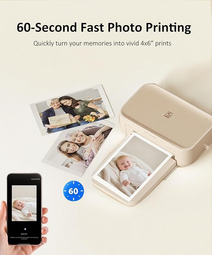 CP4100 4x6 Photo Printer with 108 Sheets & 2 Ribbons, Full-Color Thermal Dye Sublimation Wi-Fi Printing, Portable Instant Picture Printer for iPhone/Android, AR Video, Fun App, Home Use, Beige