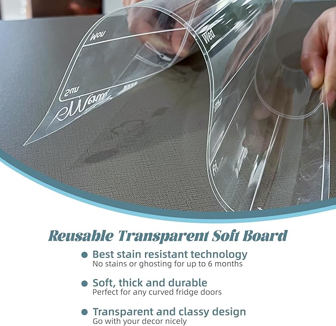 Clear Non-Magnetic Meal Planner Set for Fridge - Dry Erase Transparent Menu and List Board - Sticks to Wall, Glass, Door, Any Smooth Surfaces