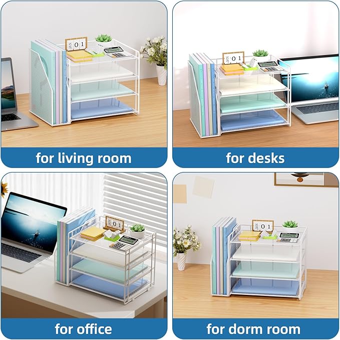 Marbrasse Desk Organizer and Accessories，4-Tier Paper Letter Tray Organizer with File Holder，Desk Accessories & Workspace Desktop Organizers for School Home Office Supplies (White)