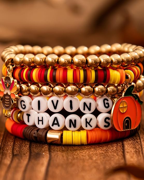 Thanksgiving Bracelets Set for Women Fall Pumpkin Turkey Maple Leaf Charm Bracelets Thanksgiving Polyester Clay Heishi Beads Stretch Brace-lets Thanks-giving Fall Jewelry Accessories Gifts for Her