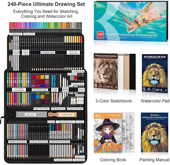 240PCS Artists Art Supplies - Drawing Kit with 3 Sketchbook, Coloring book - Graphite,Colored, Charcoal, Watercolor,Metallic,Fluorescent & Rainbow Pencils - for Artists and Beginners