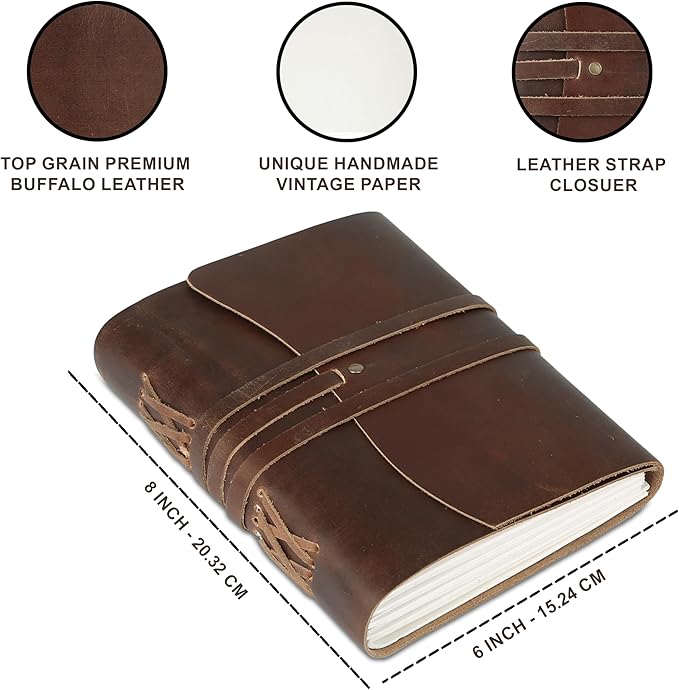 Dark Tan Leather Journal 7x5 | Handmade Vintage Notebook with Unlined Pages | Rustic Cotton Paper | Antique-Style Travel Diary & Sketchbook for Men & Women