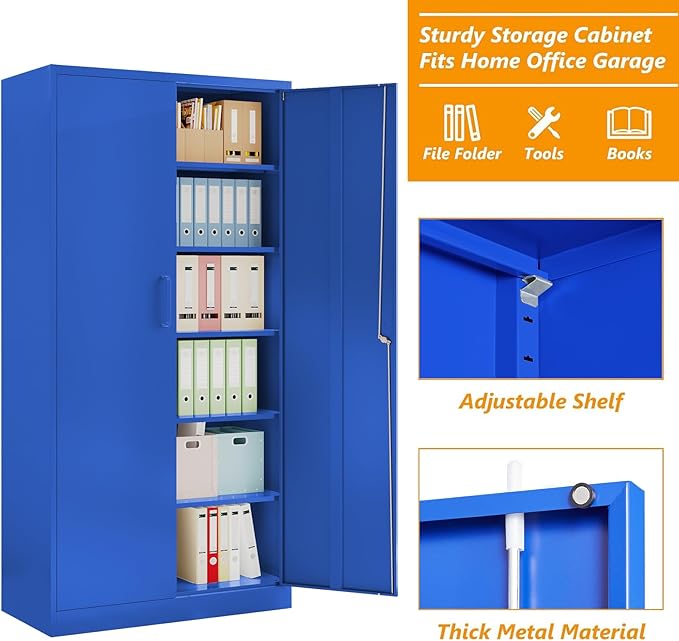 STANI Metal Garage Storage Cabinet with Lock, 71" Steel Lockable File Cabinet, Locking Steel Storage Cabinet with 5 Adjustable Shelves for Home, Office, Garage, Warehouse (Blue, 2 Door - 71" H)