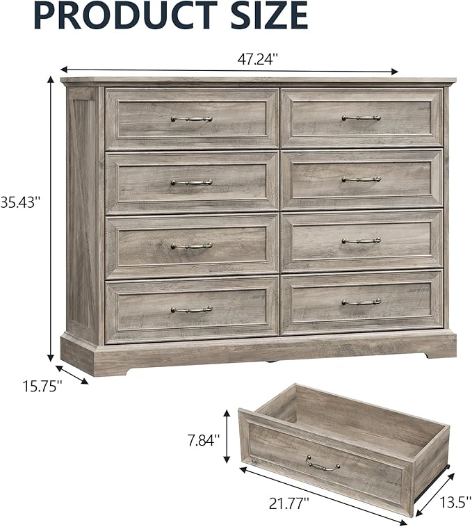 8 Drawer Dresser for Bedroom, 47" Wide Wooden Chest of Drawers, Rustic Farmhouse Dresser with Large Drawers & Metal Handles, Modern Storage Organizer for Closet, Living Room, Hallway, Grey