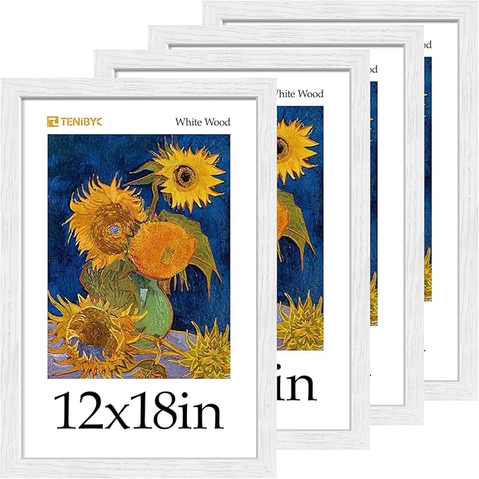 12x18 Frame Set of 4 - White, Textured Wood & HD Tempered Glass, 12x18 White Poster Frame, Vertical or Horizontal Wall Hanging - Gallery Decoration