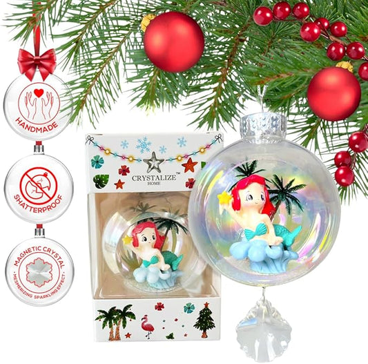 Mermaid Red Christmas Ornament - Handmade Shatterproof Decorations for Indoor Outdoor Xmas Tree - Clear Ball Ornaments with Magnetic Crystal - Great Gift or Stocking Stuffer for Mom, Sister, Friend
