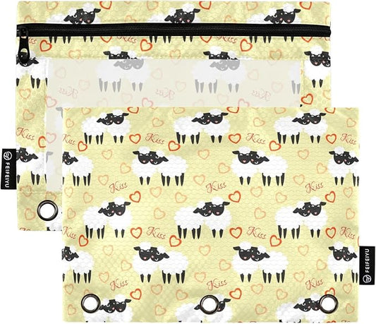 ZAZYXTJ Cute Sheep Binder Pencil Pouchs 3 Ring with Zipper Clear Window Office Organizers bag for School Students Teacher Supplies 2 Pack