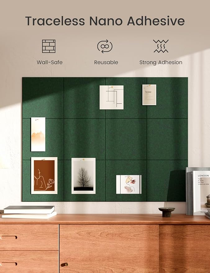 Bumusty Large Cork Board 47"x35" Alternative - 12 Pack Felt Wall Tiles with 70 Safe Removable Adhesive Tabs, 30 Pushpins, Cork Boards for Walls Pin Board Bulletin Board Office Decor (Aurora Green)