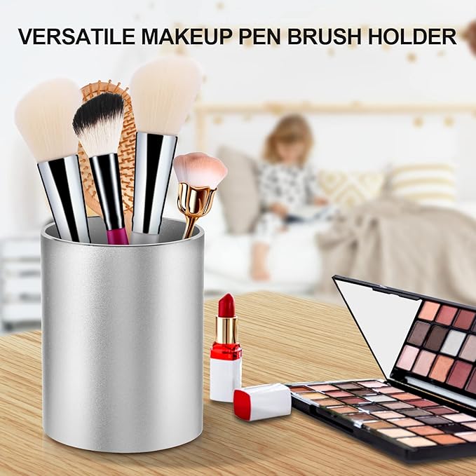 Pen Holder Pencil Holder for Desk, Metal desk pen holder, Makeup Brush Holder, pencil cup, pen organizer for desk, for Office, School, Home, and Kids 3.9×3.14inch（Silver）