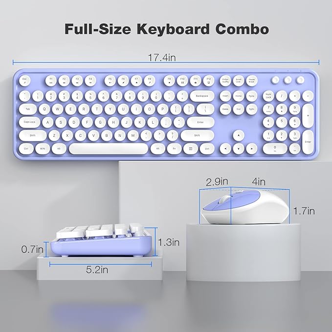 Wireless Keyboard and Mouse Combo, MOWUX Full Size Typewriter Retro Round Computer Keyboard, Mouse Wireless, Plug and Play, for Laptop, PC, Computer- Purple