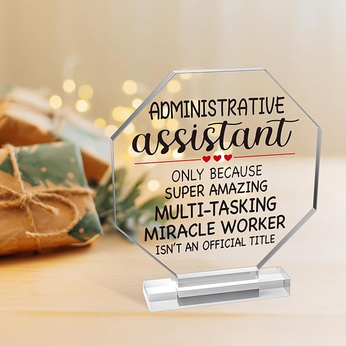 Yopyame Administrative Assistant Appreciation Gifts - Secretary Appreciation Day Gift Acrylic Keepsake Paperweight Clear Desk Decorative Sign Acrylic Plaque with Stand for Office Desk Table Shelf Home