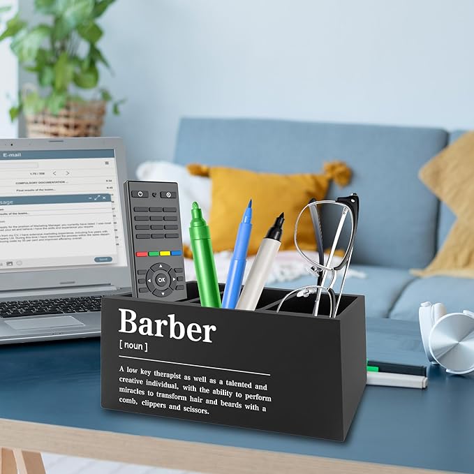 Barber Definition Pen Pencil Holder Organizer for Desk, Salon Barbershop Decor, Modern Minimalist Barber Shop Wooden Box Signs Decorations for Home Office Desk Tabletop