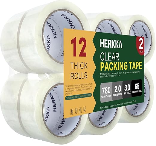 HERKKA Clear Packing Tape, 12 Rolls Heavy Duty Packaging Tape for Shipping Packaging Moving Sealing, 3Mil Thick Clear Packing Tape, 2 inches Wide, 65 Yards Per Roll, 780 Total Yards