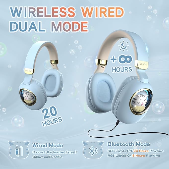 Girls Wired Headphones With Microphone - Blue Gaming Headset for Kids, School - Noise Cancelling, Over Ear, Wireless, Bluetooth Earbuds (Blue Gold)